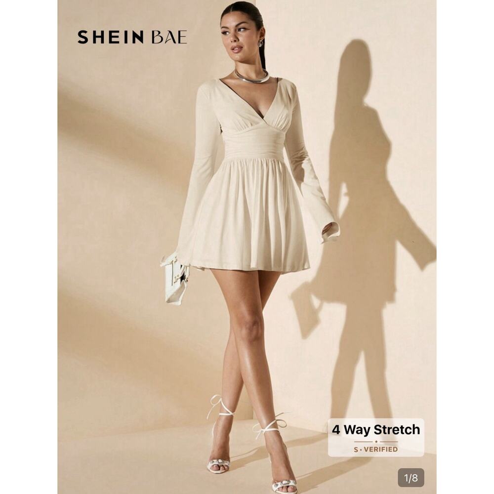 SHEIN BAE Ivory Mini Dress L V-Neck Minimalist Long Sleeve Bodycon Elegant Sexy